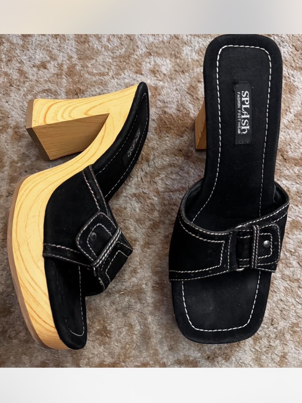 Y2K splash denim mules block heel chunky with buckle wooden heel vintage